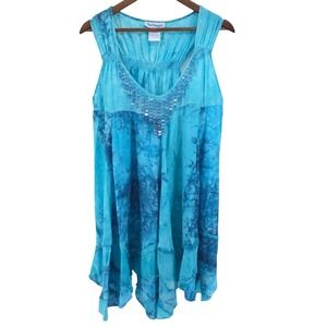 Paragon‎ Beaded Asymmetrical Knee Length Blue Boho Lagenlook Dress Womens 1X